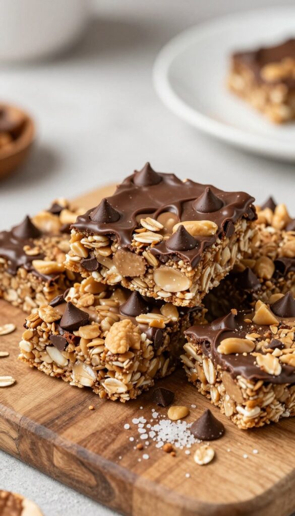 A close-up view of a deliciously arranged stack of no-bake peanut butter chocolate chip granola bars, showcasing their chewy texture and rich color. The bars are studded with mini chocolate chips and drizzled with a glossy layer of chocolate on top. Surrounding the bars are scattered oats, crushed nuts, and a sprinkle of sea salt, emphasizing their wholesome ingredients. In the background, a rustic wooden cutting board and a clean white plate enhance the homemade feel. Soft, natural light spills in from the side, casting gentle shadows that highlight the bars' texture. The atmosphere is warm and inviting, evoking a sense of healthy indulgence and culinary creativity.