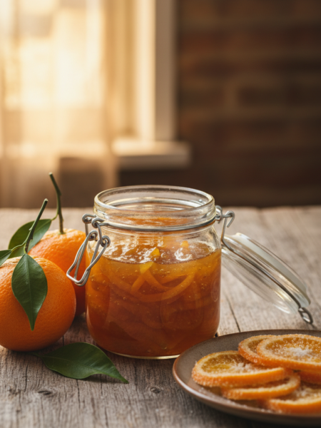 A close-up view of a jar of golden-hued candied orange peel marmalade, glistening with syrup in the soft morning light. The jar is partially open, revealing the vibrant, translucent pieces of orange peel nestled inside. Surrounding the jar, fresh oranges with textured peels and green leaves add a natural touch. In the background, a rustic wooden table enhances the cozy atmosphere, with warm, diffused light creating gentle shadows. A few delicate slices of candied orange peel are artfully arranged beside the jar. The overall mood is inviting and homey, perfect for a kitchen setting, focusing on the beauty and allure of candied orange peel marmalade as a delicious treat.