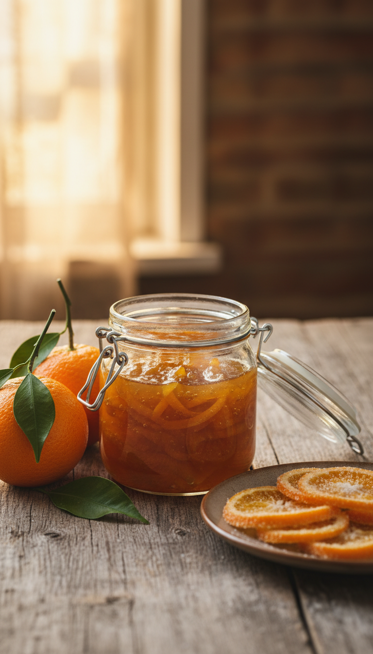 A close-up view of a jar of golden-hued candied orange peel marmalade, glistening with syrup in the soft morning light. The jar is partially open, revealing the vibrant, translucent pieces of orange peel nestled inside. Surrounding the jar, fresh oranges with textured peels and green leaves add a natural touch. In the background, a rustic wooden table enhances the cozy atmosphere, with warm, diffused light creating gentle shadows. A few delicate slices of candied orange peel are artfully arranged beside the jar. The overall mood is inviting and homey, perfect for a kitchen setting, focusing on the beauty and allure of candied orange peel marmalade as a delicious treat.