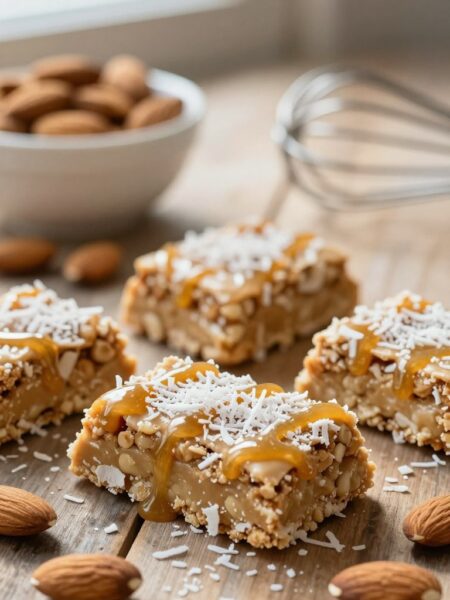 A close-up view of almond butter protein bars, beautifully arranged on a rustic wooden table. The bars are coated in a light drizzle of honey, sprinkled with shredded coconut and scattered almonds for added texture. Soft, natural light spills in from a nearby window, creating a warm and inviting atmosphere. In the background, a softly blurred bowl of whole almonds and a mini whisk hint at the homemade aspect of the bars. The camera focuses on the bars with a shallow depth of field, capturing the chewy texture and inviting appearance, while the sunlight accentuates the natural colors of the ingredients, evoking a sense of health and indulgence.
