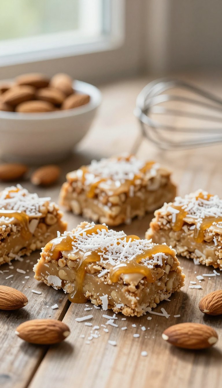 A close-up view of almond butter protein bars, beautifully arranged on a rustic wooden table. The bars are coated in a light drizzle of honey, sprinkled with shredded coconut and scattered almonds for added texture. Soft, natural light spills in from a nearby window, creating a warm and inviting atmosphere. In the background, a softly blurred bowl of whole almonds and a mini whisk hint at the homemade aspect of the bars. The camera focuses on the bars with a shallow depth of field, capturing the chewy texture and inviting appearance, while the sunlight accentuates the natural colors of the ingredients, evoking a sense of health and indulgence.