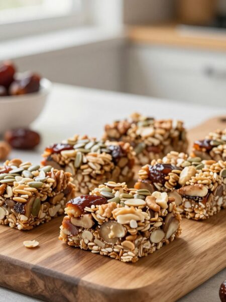 A close-up view of delicious no-bake date and nut granola bars, beautifully arranged on a wooden cutting board. The bars are made with visible layers of dates, nuts, and seeds, showcasing their texture and wholesome ingredients. In the background, there's a soft-focus kitchen setting with natural light streaming in from a window, creating a warm and inviting atmosphere. A few scattered nuts and dates around the bars add a touch of rustic charm. The image is captured at a slight angle, emphasizing the depth and layers of the granola bars, while maintaining a clean and fresh look. The colors are warm and earthy, reflecting the healthy, homemade nature of the snack.