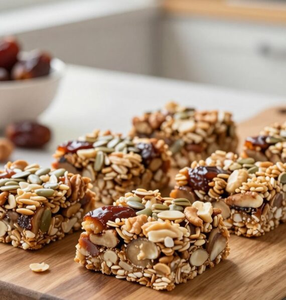 A close-up view of delicious no-bake date and nut granola bars, beautifully arranged on a wooden cutting board. The bars are made with visible layers of dates, nuts, and seeds, showcasing their texture and wholesome ingredients. In the background, there's a soft-focus kitchen setting with natural light streaming in from a window, creating a warm and inviting atmosphere. A few scattered nuts and dates around the bars add a touch of rustic charm. The image is captured at a slight angle, emphasizing the depth and layers of the granola bars, while maintaining a clean and fresh look. The colors are warm and earthy, reflecting the healthy, homemade nature of the snack.