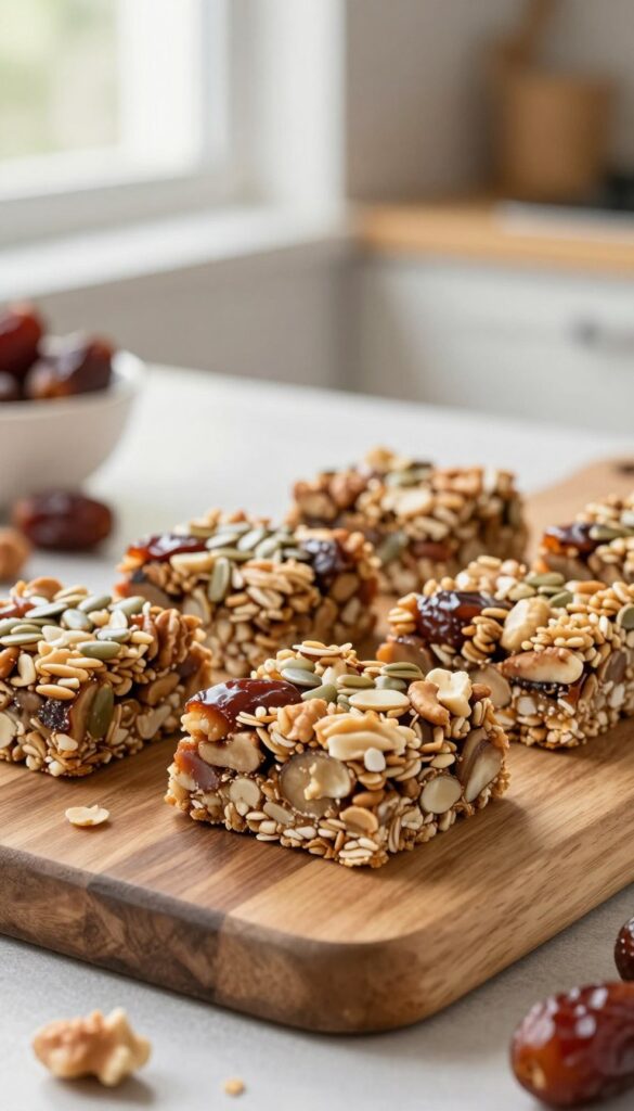 A close-up view of delicious no-bake date and nut granola bars, beautifully arranged on a wooden cutting board. The bars are made with visible layers of dates, nuts, and seeds, showcasing their texture and wholesome ingredients. In the background, there's a soft-focus kitchen setting with natural light streaming in from a window, creating a warm and inviting atmosphere. A few scattered nuts and dates around the bars add a touch of rustic charm. The image is captured at a slight angle, emphasizing the depth and layers of the granola bars, while maintaining a clean and fresh look. The colors are warm and earthy, reflecting the healthy, homemade nature of the snack.