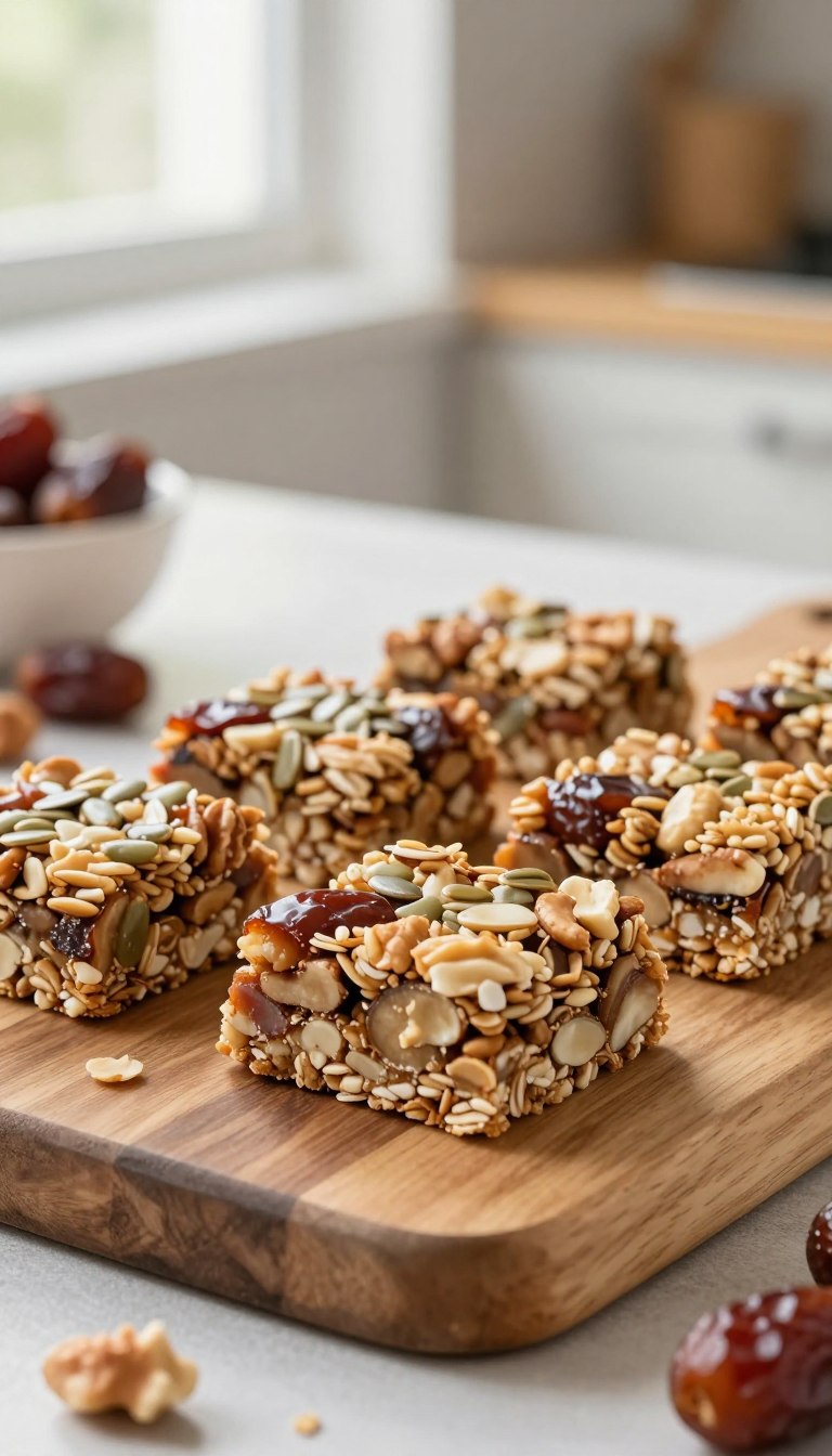A close-up view of delicious no-bake date and nut granola bars, beautifully arranged on a wooden cutting board. The bars are made with visible layers of dates, nuts, and seeds, showcasing their texture and wholesome ingredients. In the background, there's a soft-focus kitchen setting with natural light streaming in from a window, creating a warm and inviting atmosphere. A few scattered nuts and dates around the bars add a touch of rustic charm. The image is captured at a slight angle, emphasizing the depth and layers of the granola bars, while maintaining a clean and fresh look. The colors are warm and earthy, reflecting the healthy, homemade nature of the snack.