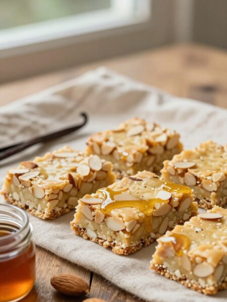 A close-up view of delicious no-bake vanilla almond protein bars arranged neatly on a rustic wooden table. The bars have a golden hue with visible almond slivers and a light drizzle of honey on top. In the foreground, there are a few scattered raw almonds and a small jar of vanilla extract, emphasizing the natural ingredients. The middle ground features a light-colored linen cloth, adding a warm texture to the scene. Soft, natural lighting filters in from a window, creating gentle shadows and highlighting the bars' appealing textures. The background includes blurred greenery, suggesting a calming outdoor kitchen atmosphere, enhancing the mood of healthy eating and nourishment.