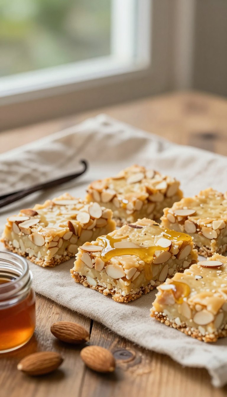 A close-up view of delicious no-bake vanilla almond protein bars arranged neatly on a rustic wooden table. The bars have a golden hue with visible almond slivers and a light drizzle of honey on top. In the foreground, there are a few scattered raw almonds and a small jar of vanilla extract, emphasizing the natural ingredients. The middle ground features a light-colored linen cloth, adding a warm texture to the scene. Soft, natural lighting filters in from a window, creating gentle shadows and highlighting the bars' appealing textures. The background includes blurred greenery, suggesting a calming outdoor kitchen atmosphere, enhancing the mood of healthy eating and nourishment.