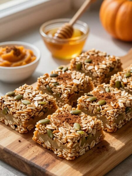 A close-up view of freshly made no-bake pumpkin spice granola bars arranged on a rustic wooden cutting board. The granola bars are cut into perfect squares, showcasing a texture rich with oats, pumpkin seeds, and a sprinkle of cinnamon. Around the bars, there are small bowls filled with pumpkin puree, honey, and a dusting of pumpkin spice, creating a warm and inviting atmosphere. Soft natural sunlight filters through a nearby window, illuminating the scene and casting gentle shadows. The background features blurred autumn leaves, enhancing the cozy seasonal vibe. The overall mood is warm, inviting, and perfect for healthy snacking.