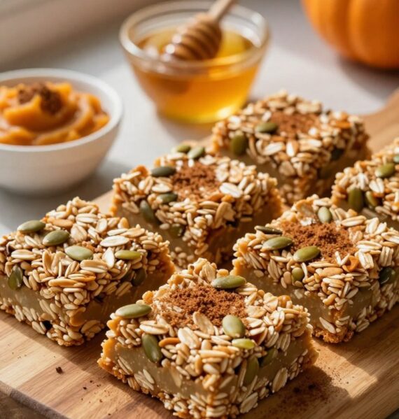 A close-up view of freshly made no-bake pumpkin spice granola bars arranged on a rustic wooden cutting board. The granola bars are cut into perfect squares, showcasing a texture rich with oats, pumpkin seeds, and a sprinkle of cinnamon. Around the bars, there are small bowls filled with pumpkin puree, honey, and a dusting of pumpkin spice, creating a warm and inviting atmosphere. Soft natural sunlight filters through a nearby window, illuminating the scene and casting gentle shadows. The background features blurred autumn leaves, enhancing the cozy seasonal vibe. The overall mood is warm, inviting, and perfect for healthy snacking.
