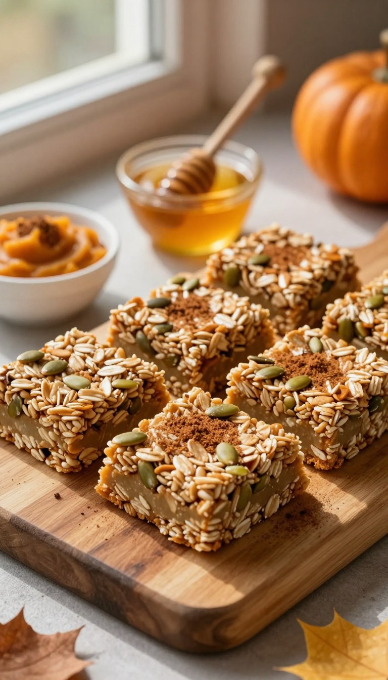 A close-up view of freshly made no-bake pumpkin spice granola bars arranged on a rustic wooden cutting board. The granola bars are cut into perfect squares, showcasing a texture rich with oats, pumpkin seeds, and a sprinkle of cinnamon. Around the bars, there are small bowls filled with pumpkin puree, honey, and a dusting of pumpkin spice, creating a warm and inviting atmosphere. Soft natural sunlight filters through a nearby window, illuminating the scene and casting gentle shadows. The background features blurred autumn leaves, enhancing the cozy seasonal vibe. The overall mood is warm, inviting, and perfect for healthy snacking.