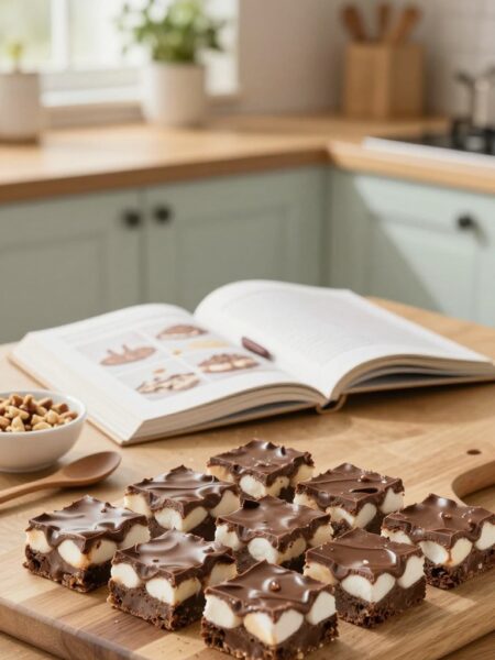 A cozy kitchen scene showcasing a delectable display of Rocky Road Candy Squares on a wooden countertop. The foreground features a cutting board with freshly cut squares of chocolatey, marshmallow-studded candy, glistening with a light sheen. In the middle, an open cookbook lays open to a page with candy recipes, partially obscured by a wooden spoon and a small bowl of crushed nuts, adding a touch of warmth. The background captures a softly lit kitchen with pastel-colored cabinetry and plants on the windowsill, focusing on a gentle afternoon light filtering through sheer curtains. The mood is inviting and cheerful, perfect for a homey candy-making atmosphere, evoking the joy of homemade treats.