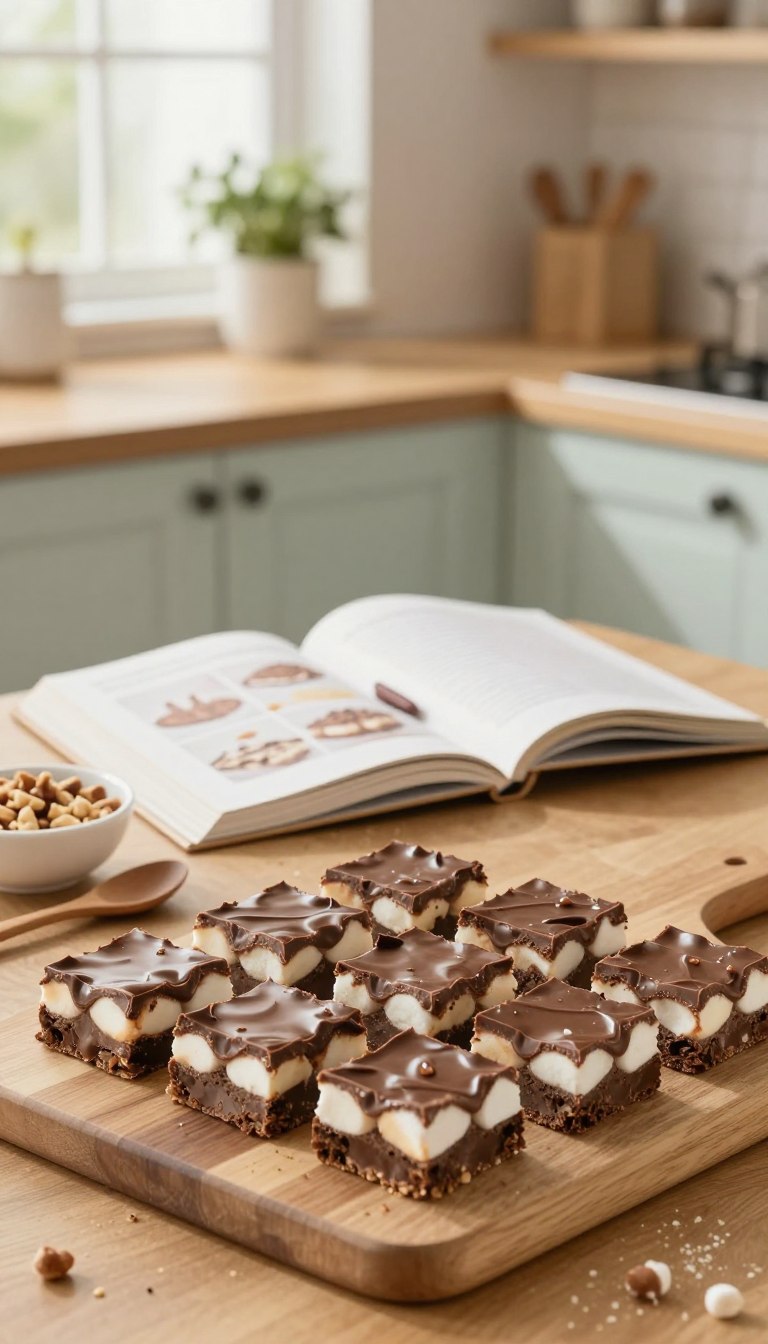 A cozy kitchen scene showcasing a delectable display of Rocky Road Candy Squares on a wooden countertop. The foreground features a cutting board with freshly cut squares of chocolatey, marshmallow-studded candy, glistening with a light sheen. In the middle, an open cookbook lays open to a page with candy recipes, partially obscured by a wooden spoon and a small bowl of crushed nuts, adding a touch of warmth. The background captures a softly lit kitchen with pastel-colored cabinetry and plants on the windowsill, focusing on a gentle afternoon light filtering through sheer curtains. The mood is inviting and cheerful, perfect for a homey candy-making atmosphere, evoking the joy of homemade treats.
