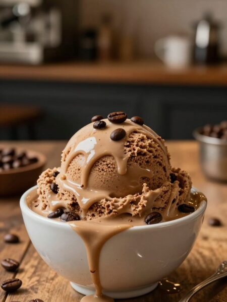 A decadent bowl of coffee ice cream sits invitingly at the forefront, its smooth, creamy texture adorned with flecks of dark roasted coffee beans. The ice cream glistens under soft, warm lighting that accentuates its rich brown hue, with a few melting drops trickling tantalizingly over the edges of the bowl. In the middle ground, a rustic wooden table adds warmth, surrounded by scattered coffee beans and a vintage silver spoon, highlighting the artisanal quality of the dessert. The background features a blurred café setting, with subtle hints of coffee-making equipment and soft, ambient lighting, creating a cozy atmosphere. The overall mood is inviting and indulgent, perfect for celebrating the delightful experience of enjoying coffee ice cream.