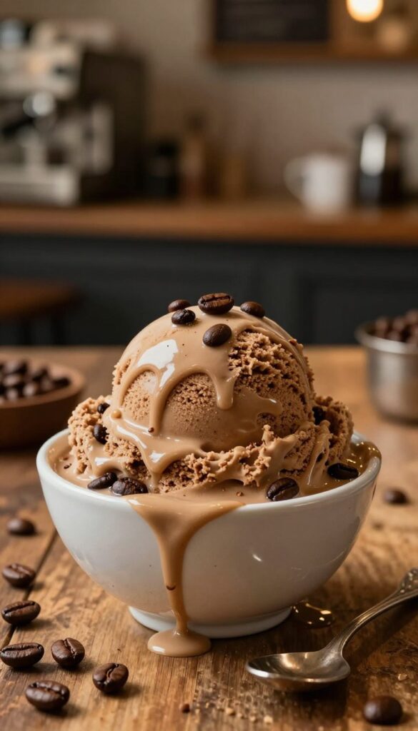 A decadent bowl of coffee ice cream sits invitingly at the forefront, its smooth, creamy texture adorned with flecks of dark roasted coffee beans. The ice cream glistens under soft, warm lighting that accentuates its rich brown hue, with a few melting drops trickling tantalizingly over the edges of the bowl. In the middle ground, a rustic wooden table adds warmth, surrounded by scattered coffee beans and a vintage silver spoon, highlighting the artisanal quality of the dessert. The background features a blurred café setting, with subtle hints of coffee-making equipment and soft, ambient lighting, creating a cozy atmosphere. The overall mood is inviting and indulgent, perfect for celebrating the delightful experience of enjoying coffee ice cream.