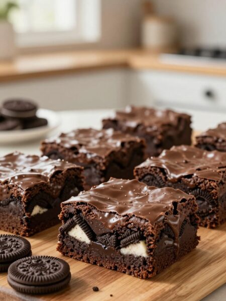 A decadent, close-up view of Oreo stuffed brownies, showcasing thick, fudgy layers with chunks of Oreo cookies peeking through the rich chocolate batter. The brownies are arranged on a rustic wooden board, with a few Oreo cookies artfully scattered around. In the background, a soft focus of a cozy kitchen setting, illuminated by warm, natural light pouring through a nearby window, enhances the inviting atmosphere. The shiny, glossy surface of the brownies glistens, suggesting their moist texture. The composition should be framed from a slightly elevated angle, capturing the depth and layers of the brownies while conveying a mouthwatering, indulgent treat that's perfect for dessert lovers. Ensure the image is vibrant and appetizing, with no text or distractions.