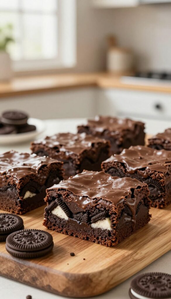 A decadent, close-up view of Oreo stuffed brownies, showcasing thick, fudgy layers with chunks of Oreo cookies peeking through the rich chocolate batter. The brownies are arranged on a rustic wooden board, with a few Oreo cookies artfully scattered around. In the background, a soft focus of a cozy kitchen setting, illuminated by warm, natural light pouring through a nearby window, enhances the inviting atmosphere. The shiny, glossy surface of the brownies glistens, suggesting their moist texture. The composition should be framed from a slightly elevated angle, capturing the depth and layers of the brownies while conveying a mouthwatering, indulgent treat that's perfect for dessert lovers. Ensure the image is vibrant and appetizing, with no text or distractions.