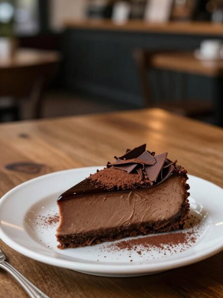A decadent mocha cheesecake elegantly displayed on a delicate porcelain plate, topped with rich chocolate shavings and a sprinkle of cocoa powder. The cheesecake has a glossy, dark coffee-flavored glaze reflecting soft ambient lighting. In the foreground, a fork with an intricate design rests beside the plate, inviting indulgence. The middle ground features a rustic wooden table to enhance the inviting atmosphere. The background is softly blurred, displaying hints of an upscale café with warm lighting and subtle bokeh effects. The overall mood is cozy and luxurious, evoking a sense of indulgence and comfort, perfect for coffee lovers.