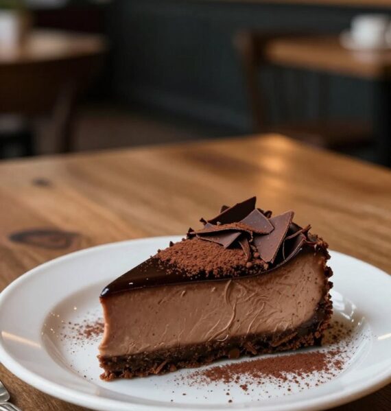A decadent mocha cheesecake elegantly displayed on a delicate porcelain plate, topped with rich chocolate shavings and a sprinkle of cocoa powder. The cheesecake has a glossy, dark coffee-flavored glaze reflecting soft ambient lighting. In the foreground, a fork with an intricate design rests beside the plate, inviting indulgence. The middle ground features a rustic wooden table to enhance the inviting atmosphere. The background is softly blurred, displaying hints of an upscale café with warm lighting and subtle bokeh effects. The overall mood is cozy and luxurious, evoking a sense of indulgence and comfort, perfect for coffee lovers.