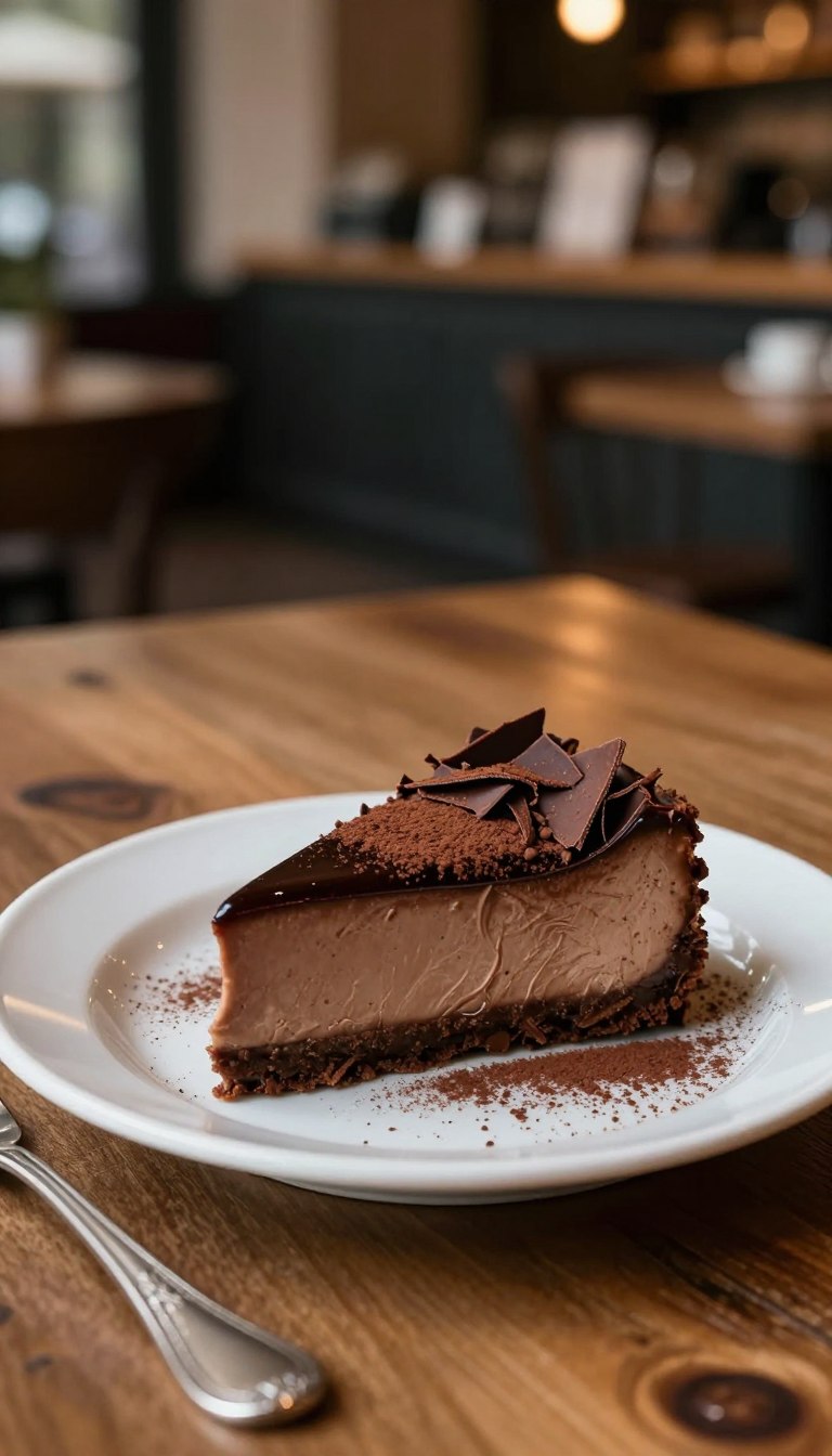 A decadent mocha cheesecake elegantly displayed on a delicate porcelain plate, topped with rich chocolate shavings and a sprinkle of cocoa powder. The cheesecake has a glossy, dark coffee-flavored glaze reflecting soft ambient lighting. In the foreground, a fork with an intricate design rests beside the plate, inviting indulgence. The middle ground features a rustic wooden table to enhance the inviting atmosphere. The background is softly blurred, displaying hints of an upscale café with warm lighting and subtle bokeh effects. The overall mood is cozy and luxurious, evoking a sense of indulgence and comfort, perfect for coffee lovers.