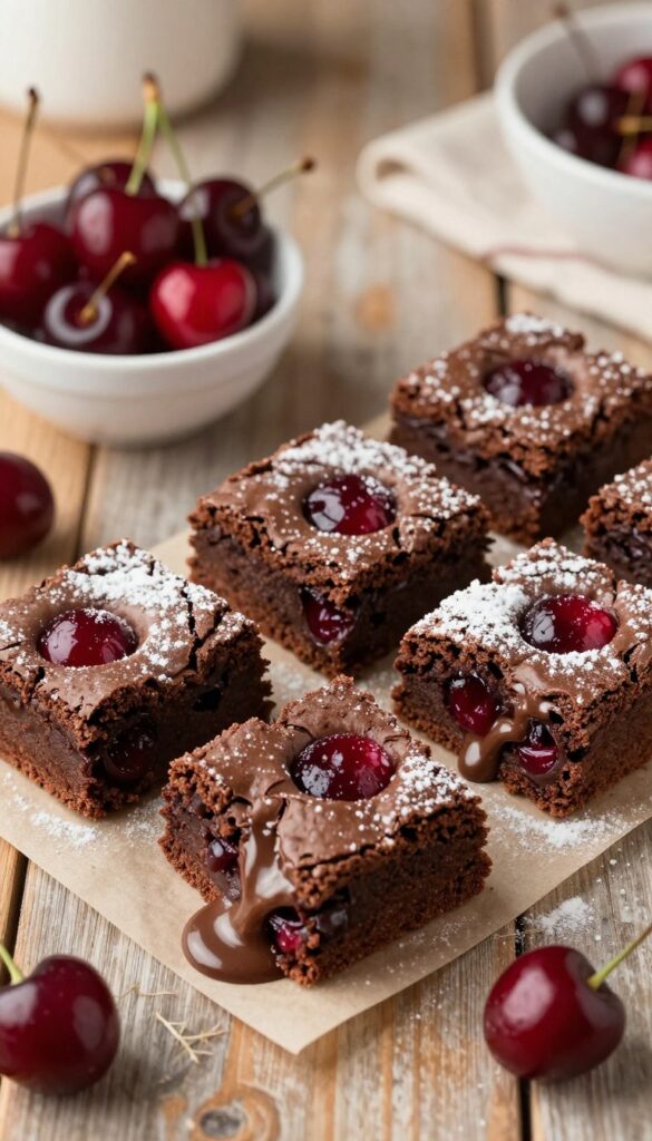 A delectable scene of chocolate cherry brownies placed on a rustic wooden table. The brownies should appear rich and fudgy, topped with shiny, glistening cherries and a dusting of powdered sugar. In the foreground, a few brownies are sliced to reveal their gooey interior, with melted chocolate and cherry bits oozing from within. The middle ground features a small bowl of fresh cherries, while in the background, soft, warm kitchen lighting casts a cozy glow, enhancing the inviting atmosphere. Use a shallow depth of field to blur the background slightly, emphasizing the brownies. Capture this from a top-down angle to showcase the texture and richness of the brownies against a beautifully textured backdrop. The mood should be warm and indulgent, evoking a feeling of comfort and deliciousness.