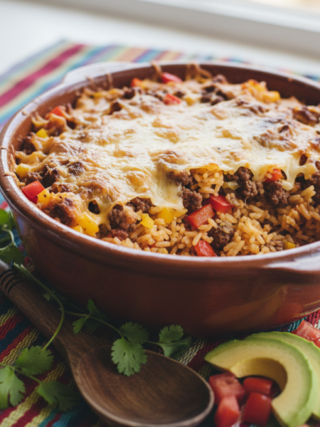 A delicious Mexican rice casserole served in a rustic ceramic dish, surrounded by vibrant garnishes of fresh cilantro, chopped tomatoes, and slices of avocado. The casserole is baked to a perfect golden-brown, showcasing layers of fluffy rice, seasoned ground beef, colorful bell peppers, and melted cheese on top. In the foreground, a wooden serving spoon rests beside the dish, and a colorful woven tablecloth adds warmth to the scene. In the background, soft, diffused natural light streams in, highlighting the textures of the casserole and enhancing the rich colors of the ingredients. The overall mood is inviting and homey, perfect for a cozy family meal.