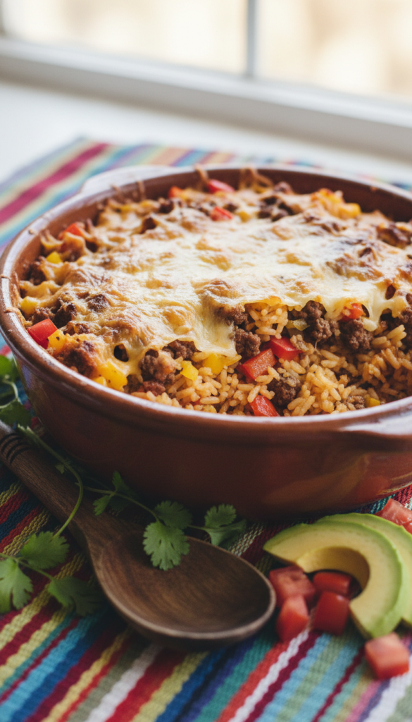 A delicious Mexican rice casserole served in a rustic ceramic dish, surrounded by vibrant garnishes of fresh cilantro, chopped tomatoes, and slices of avocado. The casserole is baked to a perfect golden-brown, showcasing layers of fluffy rice, seasoned ground beef, colorful bell peppers, and melted cheese on top. In the foreground, a wooden serving spoon rests beside the dish, and a colorful woven tablecloth adds warmth to the scene. In the background, soft, diffused natural light streams in, highlighting the textures of the casserole and enhancing the rich colors of the ingredients. The overall mood is inviting and homey, perfect for a cozy family meal. A delicious Mexican rice casserole served in a rustic ceramic dish, surrounded by vibrant garnishes of fresh cilantro, chopped tomatoes, and slices of avocado. The casserole is baked to a perfect golden-brown, showcasing layers of fluffy rice, seasoned ground beef, colorful bell peppers, and melted cheese on top. In the foreground, a wooden serving spoon rests beside the dish, and a colorful woven tablecloth adds warmth to the scene. In the background, soft, diffused natural light streams in, highlighting the textures of the casserole and enhancing the rich colors of the ingredients. The overall mood is inviting and homey, perfect for a cozy family meal.
