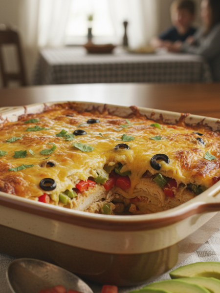 A delicious chicken tortilla casserole, beautifully layered with tender, shredded chicken, vibrant red and green bell peppers, and ripe black olives, all nestled between soft corn tortillas. The dish is generously topped with melted cheese, bubbling and golden brown, garnished with fresh cilantro. In the foreground, the casserole is served in a rustic ceramic dish, with a scoop removed to showcase the savory layers. The middle ground features a sprinkle of fresh chopped tomatoes and avocado slices for an added color contrast. The background is a softly blurred kitchen setting, with warm, inviting lighting streaming through a window. The atmosphere feels homey and comforting, evoking the essence of a family gathering.