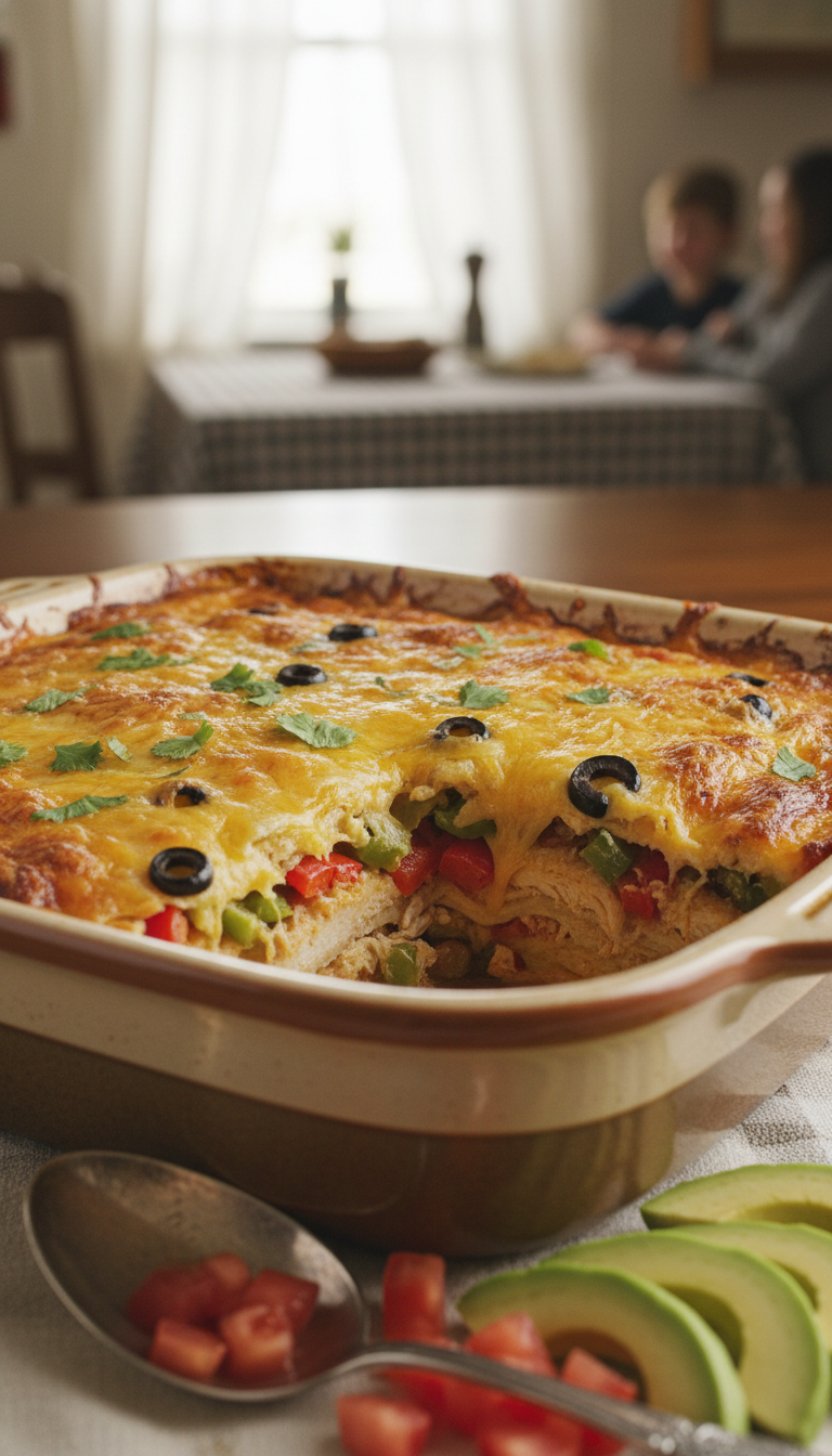 A delicious chicken tortilla casserole, beautifully layered with tender, shredded chicken, vibrant red and green bell peppers, and ripe black olives, all nestled between soft corn tortillas. The dish is generously topped with melted cheese, bubbling and golden brown, garnished with fresh cilantro. In the foreground, the casserole is served in a rustic ceramic dish, with a scoop removed to showcase the savory layers. The middle ground features a sprinkle of fresh chopped tomatoes and avocado slices for an added color contrast. The background is a softly blurred kitchen setting, with warm, inviting lighting streaming through a window. The atmosphere feels homey and comforting, evoking the essence of a family gathering.