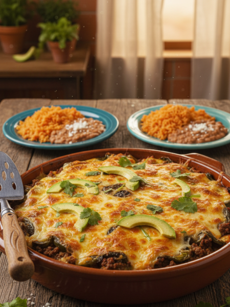 A delicious chile relleno casserole presented on a rustic wooden table, featuring layers of roasted poblano peppers stuffed with a savory mixture of cheese, ground beef, and spices. The casserole dish is bubbling with melted cheese on top, garnished with fresh cilantro and slices of avocado. In the foreground, a serving spatula is leaning against the casserole dish, while in the middle ground, a few colorful plates are ready to be filled, adorned with vibrant sides like rice and beans. The background hints at a cozy kitchen ambiance, with warm, golden lighting illuminating the scene, creating an inviting atmosphere. The shot is captured from a slightly elevated angle, emphasizing the casserole's texture and vivid colors, making it an appealing illustration of this delectable dish.