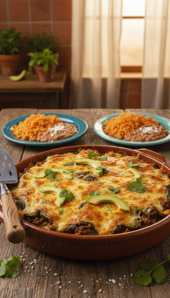 A delicious chile relleno casserole presented on a rustic wooden table, featuring layers of roasted poblano peppers stuffed with a savory mixture of cheese, ground beef, and spices. The casserole dish is bubbling with melted cheese on top, garnished with fresh cilantro and slices of avocado. In the foreground, a serving spatula is leaning against the casserole dish, while in the middle ground, a few colorful plates are ready to be filled, adorned with vibrant sides like rice and beans. The background hints at a cozy kitchen ambiance, with warm, golden lighting illuminating the scene, creating an inviting atmosphere. The shot is captured from a slightly elevated angle, emphasizing the casserole's texture and vivid colors, making it an appealing illustration of this delectable dish. A delicious chile relleno casserole presented on a rustic wooden table, featuring layers of roasted poblano peppers stuffed with a savory mixture of cheese, ground beef, and spices. The casserole dish is bubbling with melted cheese on top, garnished with fresh cilantro and slices of avocado. In the foreground, a serving spatula is leaning against the casserole dish, while in the middle ground, a few colorful plates are ready to be filled, adorned with vibrant sides like rice and beans. The background hints at a cozy kitchen ambiance, with warm, golden lighting illuminating the scene, creating an inviting atmosphere. The shot is captured from a slightly elevated angle, emphasizing the casserole's texture and vivid colors, making it an appealing illustration of this delectable dish.