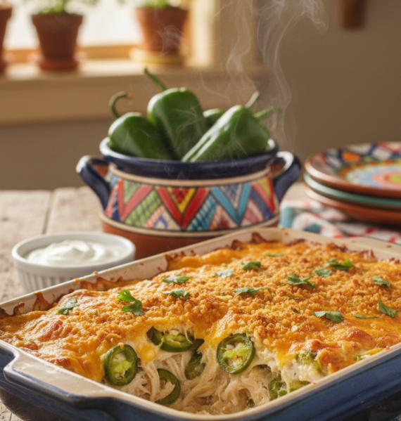 A delicious green chile chicken casserole, freshly baked and bubbling, is the focal point in the foreground, showcasing layers of tender chicken, vibrant green chiles, melted cheese, and topped with crispy breadcrumbs. The casserole dish is elegantly placed on a rustic wooden table, garnished with fresh cilantro and sliced jalapeños for a pop of color. In the midground, a colorful woven pot holds additional green chiles and a small bowl of creamy sour cream. The background features a warm, inviting kitchen with soft lighting emanating from a window, creating a cozy, homey atmosphere. The scene is shot from a slightly elevated angle, emphasizing the hearty texture and vibrant colors of the casserole, inviting the viewer into a delicious Mexican culinary experience.