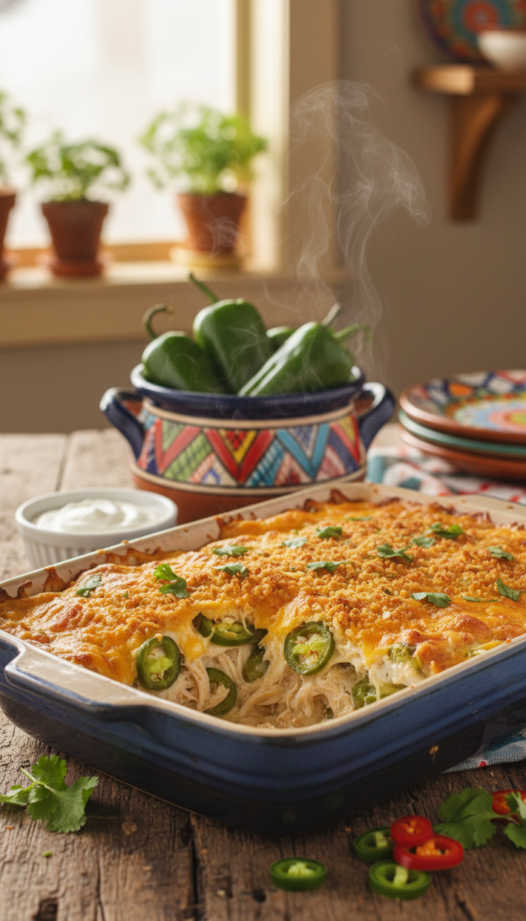 A delicious green chile chicken casserole, freshly baked and bubbling, is the focal point in the foreground, showcasing layers of tender chicken, vibrant green chiles, melted cheese, and topped with crispy breadcrumbs. The casserole dish is elegantly placed on a rustic wooden table, garnished with fresh cilantro and sliced jalapeños for a pop of color. In the midground, a colorful woven pot holds additional green chiles and a small bowl of creamy sour cream. The background features a warm, inviting kitchen with soft lighting emanating from a window, creating a cozy, homey atmosphere. The scene is shot from a slightly elevated angle, emphasizing the hearty texture and vibrant colors of the casserole, inviting the viewer into a delicious Mexican culinary experience. A delicious green chile chicken casserole, freshly baked and bubbling, is the focal point in the foreground, showcasing layers of tender chicken, vibrant green chiles, melted cheese, and topped with crispy breadcrumbs. The casserole dish is elegantly placed on a rustic wooden table, garnished with fresh cilantro and sliced jalapeños for a pop of color. In the midground, a colorful woven pot holds additional green chiles and a small bowl of creamy sour cream. The background features a warm, inviting kitchen with soft lighting emanating from a window, creating a cozy, homey atmosphere. The scene is shot from a slightly elevated angle, emphasizing the hearty texture and vibrant colors of the casserole, inviting the viewer into a delicious Mexican culinary experience.