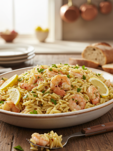 A delicious serving of shrimp orzo presented on a rustic wooden table. In the foreground, a vibrant bowl filled with tender orzo pasta, perfectly cooked shrimp glistening with a lemon butter sauce, garnished with fresh parsley and slices of lemon. The shrimp are plump and succulent, showcasing their natural pink hue against the creamy pasta. In the middle ground, a fork rests beside the bowl, with a few strands of orzo twirled around it, inviting a sense of indulgence. The background is softly blurred, featuring a warm kitchen setting with gentle, diffused sunlight illuminating the scene, creating a cozy and inviting atmosphere. The image captures the essence of comfort food, evoking a sense of warmth and satisfaction.