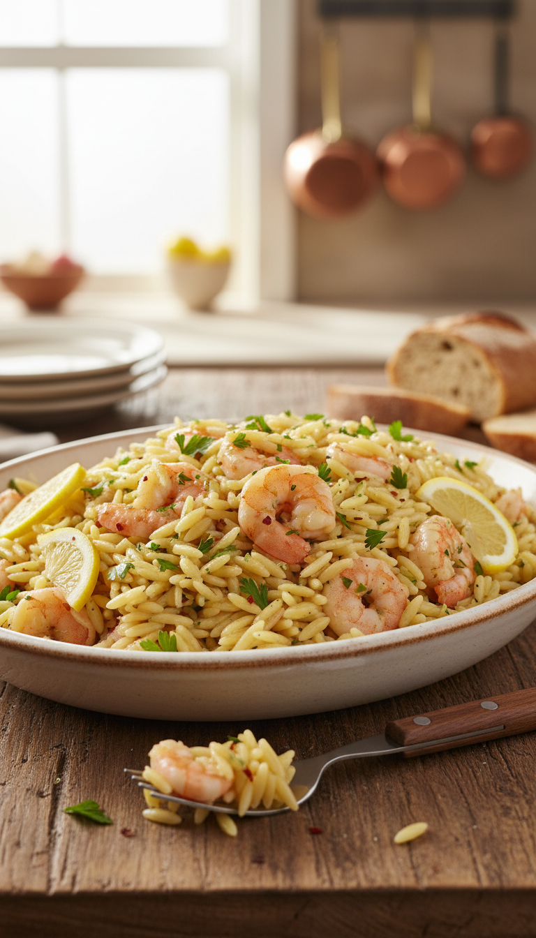 A delicious serving of shrimp orzo presented on a rustic wooden table. In the foreground, a vibrant bowl filled with tender orzo pasta, perfectly cooked shrimp glistening with a lemon butter sauce, garnished with fresh parsley and slices of lemon. The shrimp are plump and succulent, showcasing their natural pink hue against the creamy pasta. In the middle ground, a fork rests beside the bowl, with a few strands of orzo twirled around it, inviting a sense of indulgence. The background is softly blurred, featuring a warm kitchen setting with gentle, diffused sunlight illuminating the scene, creating a cozy and inviting atmosphere. The image captures the essence of comfort food, evoking a sense of warmth and satisfaction.