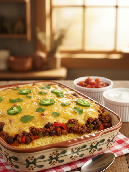 A delicious tamale pie casserole served in an elegant, rustic dish, with vibrant layers of cornbread, seasoned ground beef, black beans, and colorful bell peppers. The casserole is topped with melted cheese, garnished with fresh cilantro and jalapeño slices for a touch of heat. In the foreground, a spoon rests beside the dish, enticing the viewer. The middle ground features a wooden table adorned with a checkered cloth, with a small bowl of salsa and sour cream next to the casserole. The background is softly blurred, showcasing a cozy kitchen with warm, natural lighting streaming in through a window. The overall atmosphere is inviting and homely, ideal for a family gathering. Create a mouthwatering visual full of color and texture.