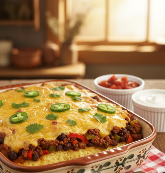 A delicious tamale pie casserole served in an elegant, rustic dish, with vibrant layers of cornbread, seasoned ground beef, black beans, and colorful bell peppers. The casserole is topped with melted cheese, garnished with fresh cilantro and jalapeño slices for a touch of heat. In the foreground, a spoon rests beside the dish, enticing the viewer. The middle ground features a wooden table adorned with a checkered cloth, with a small bowl of salsa and sour cream next to the casserole. The background is softly blurred, showcasing a cozy kitchen with warm, natural lighting streaming in through a window. The overall atmosphere is inviting and homely, ideal for a family gathering. Create a mouthwatering visual full of color and texture.