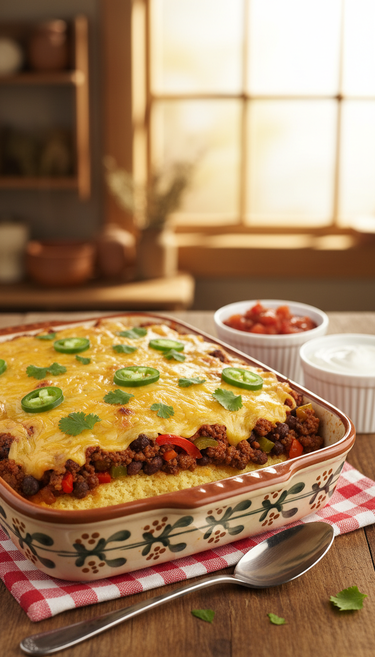 A delicious tamale pie casserole served in an elegant, rustic dish, with vibrant layers of cornbread, seasoned ground beef, black beans, and colorful bell peppers. The casserole is topped with melted cheese, garnished with fresh cilantro and jalapeño slices for a touch of heat. In the foreground, a spoon rests beside the dish, enticing the viewer. The middle ground features a wooden table adorned with a checkered cloth, with a small bowl of salsa and sour cream next to the casserole. The background is softly blurred, showcasing a cozy kitchen with warm, natural lighting streaming in through a window. The overall atmosphere is inviting and homely, ideal for a family gathering. Create a mouthwatering visual full of color and texture.