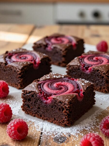 A delightful close-up of raspberry swirl brownies on a rustic wooden table. The brownies are rich and fudgy with a vibrant raspberry swirl artistically swirled on top, showcasing deep crimson colors against the dark chocolate. Scattered around are fresh, whole raspberries and a light dusting of powdered sugar that adds a touch of elegance. Soft, natural light filters in from the left, casting gentle shadows and enhancing the textures of the brownies. Background features a blurred kitchen setting with warm tones, suggesting a cozy baking atmosphere. The scene evokes a sense of indulgence and homemade charm, inviting the viewer to savor the deliciousness.