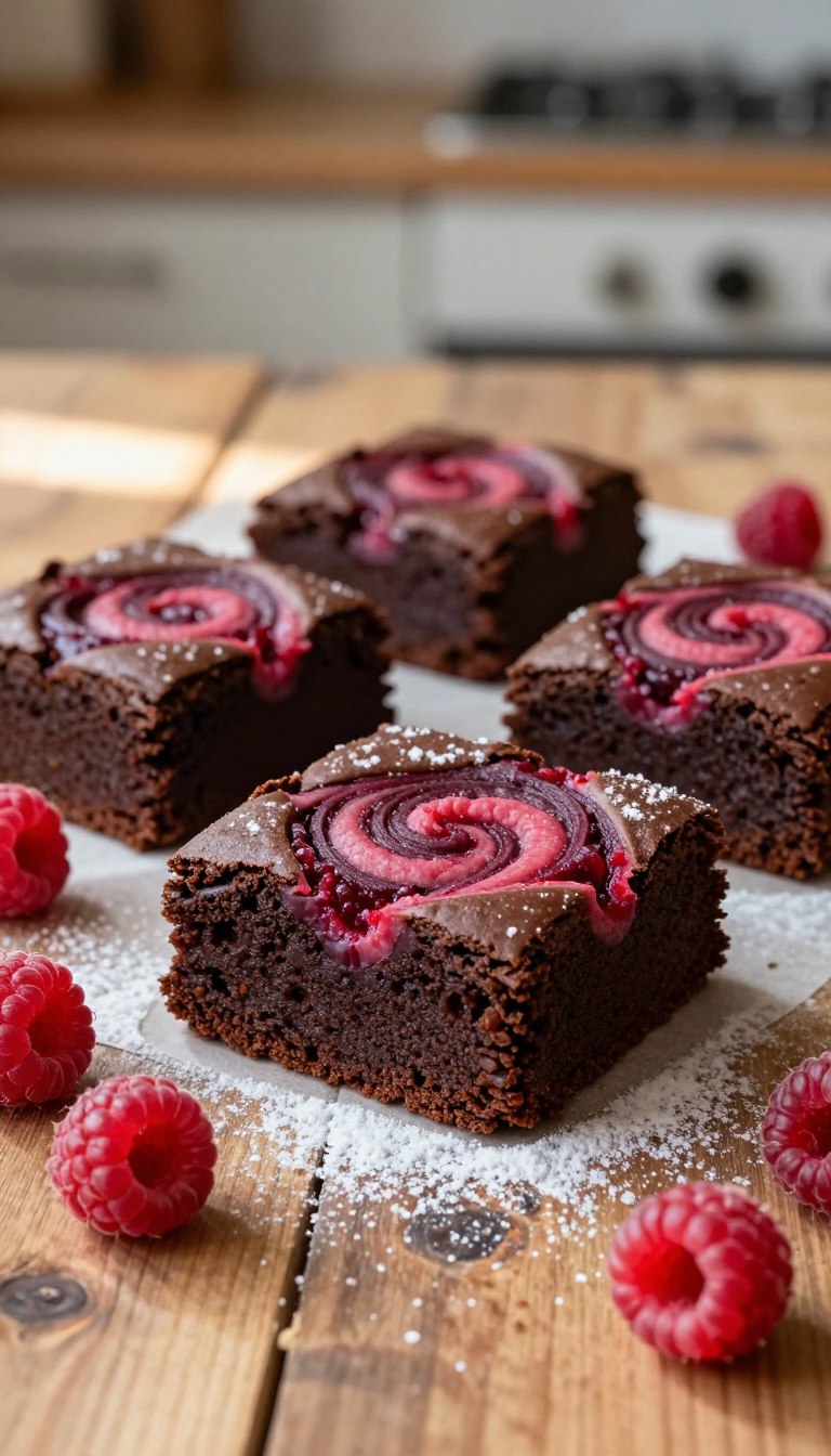 A delightful close-up of raspberry swirl brownies on a rustic wooden table. The brownies are rich and fudgy with a vibrant raspberry swirl artistically swirled on top, showcasing deep crimson colors against the dark chocolate. Scattered around are fresh, whole raspberries and a light dusting of powdered sugar that adds a touch of elegance. Soft, natural light filters in from the left, casting gentle shadows and enhancing the textures of the brownies. Background features a blurred kitchen setting with warm tones, suggesting a cozy baking atmosphere. The scene evokes a sense of indulgence and homemade charm, inviting the viewer to savor the deliciousness.