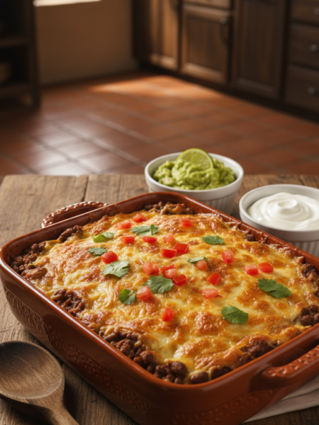 A mouthwatering beef and bean Mexican casserole, bubbling and golden brown, served in a rustic ceramic dish. The casserole is topped with melted cheese, garnished with fresh cilantro and diced tomatoes. In the foreground, a wooden spoon rests beside the dish, hinting at a home-cooked meal. In the middle ground, the casserole is framed by vibrant sides of guacamole and sour cream, creating a colorful presentation. The background shows a warm kitchen with soft, diffused lighting that evokes a cozy ambiance, with hints of terracotta tiles and dark wooden cabinets. The camera angle captures the dish at a slight tilt, emphasizing its delicious layers and inviting texture. The atmosphere is cheerful and homely, perfect for a family dinner.