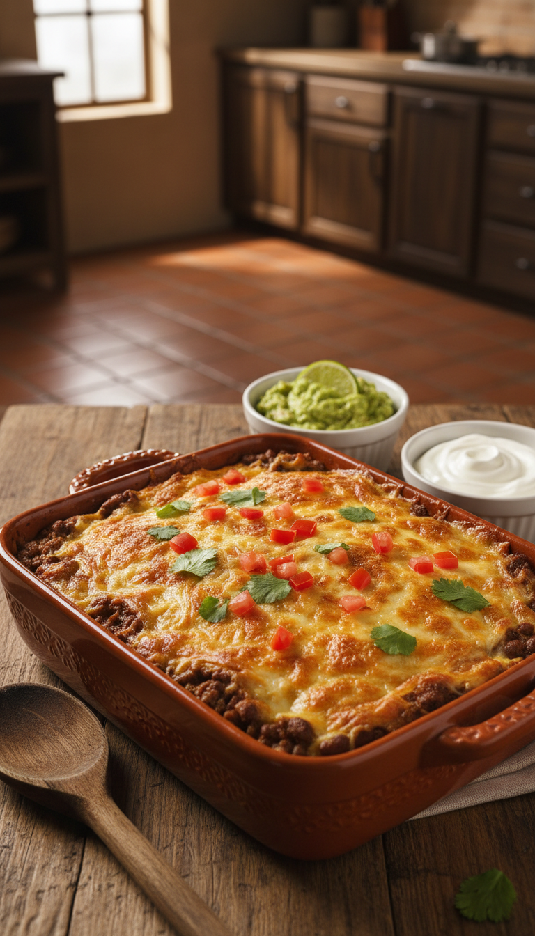 A mouthwatering beef and bean Mexican casserole, bubbling and golden brown, served in a rustic ceramic dish. The casserole is topped with melted cheese, garnished with fresh cilantro and diced tomatoes. In the foreground, a wooden spoon rests beside the dish, hinting at a home-cooked meal. In the middle ground, the casserole is framed by vibrant sides of guacamole and sour cream, creating a colorful presentation. The background shows a warm kitchen with soft, diffused lighting that evokes a cozy ambiance, with hints of terracotta tiles and dark wooden cabinets. The camera angle captures the dish at a slight tilt, emphasizing its delicious layers and inviting texture. The atmosphere is cheerful and homely, perfect for a family dinner.