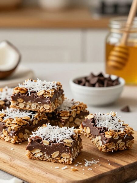 A mouthwatering display of no-bake chocolate coconut granola bars arranged on a rustic wooden cutting board, with several bars neatly stacked and others partially unwrapped, showing a rich, chocolatey interior filled with shredded coconut and oats. The foreground features a few coconut flakes scattered around for texture. In the middle, there's a small bowl of dark chocolate chips next to a jar of honey, enhancing the homemade vibe. The background is softly blurred, revealing a cozy kitchen setting with warm, golden lighting that creates an inviting atmosphere. The image should have a shallow depth of field, focusing on the granola bars while the kitchen remains subtly out of focus, evoking a sense of warmth and home-cooked comfort.