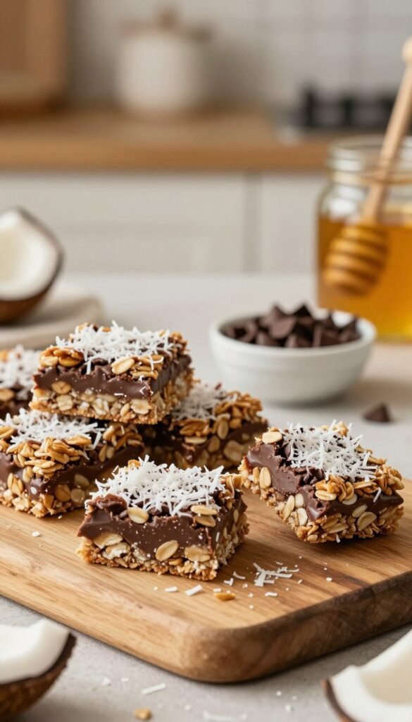 A mouthwatering display of no-bake chocolate coconut granola bars arranged on a rustic wooden cutting board, with several bars neatly stacked and others partially unwrapped, showing a rich, chocolatey interior filled with shredded coconut and oats. The foreground features a few coconut flakes scattered around for texture. In the middle, there's a small bowl of dark chocolate chips next to a jar of honey, enhancing the homemade vibe. The background is softly blurred, revealing a cozy kitchen setting with warm, golden lighting that creates an inviting atmosphere. The image should have a shallow depth of field, focusing on the granola bars while the kitchen remains subtly out of focus, evoking a sense of warmth and home-cooked comfort.