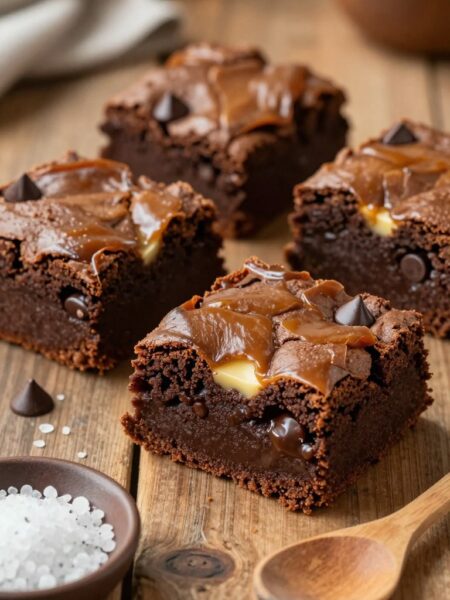 A rich and decadent close-up of brown butter brownies displayed on a rustic wooden table. The brownies are perfectly baked with a shiny, caramelized top and a fudgy interior, showcasing their gooey texture. A few brownies are cut into squares, revealing their moist, soft crumb, with melted chocolate chips peeking through. In the foreground, a small dish of flaky sea salt is placed beside the brownies, and a rustic wooden spoon lies nearby, hinting at the homemade aspect. Soft, warm lighting illuminates the scene, creating an inviting atmosphere, while a blurred kitchen background with subtle baking tools conveys a sense of warmth and comfort. The overall mood is cozy and indulgent, perfect for showcasing this unique dessert.
