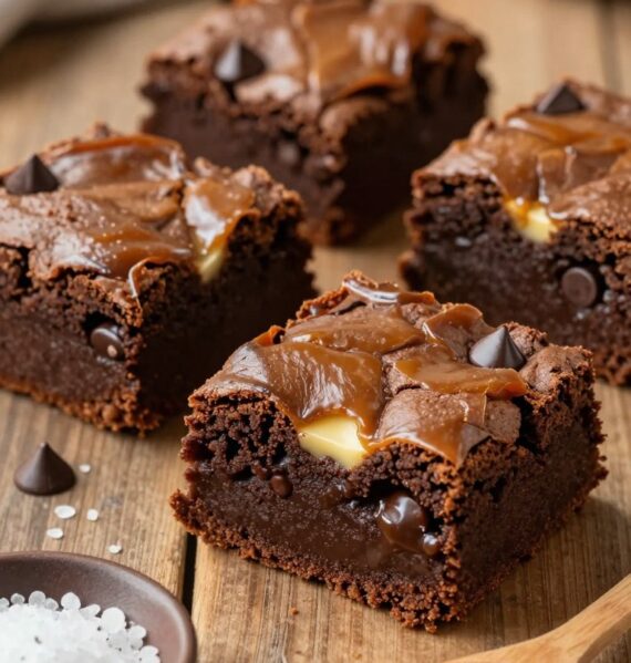 A rich and decadent close-up of brown butter brownies displayed on a rustic wooden table. The brownies are perfectly baked with a shiny, caramelized top and a fudgy interior, showcasing their gooey texture. A few brownies are cut into squares, revealing their moist, soft crumb, with melted chocolate chips peeking through. In the foreground, a small dish of flaky sea salt is placed beside the brownies, and a rustic wooden spoon lies nearby, hinting at the homemade aspect. Soft, warm lighting illuminates the scene, creating an inviting atmosphere, while a blurred kitchen background with subtle baking tools conveys a sense of warmth and comfort. The overall mood is cozy and indulgent, perfect for showcasing this unique dessert.