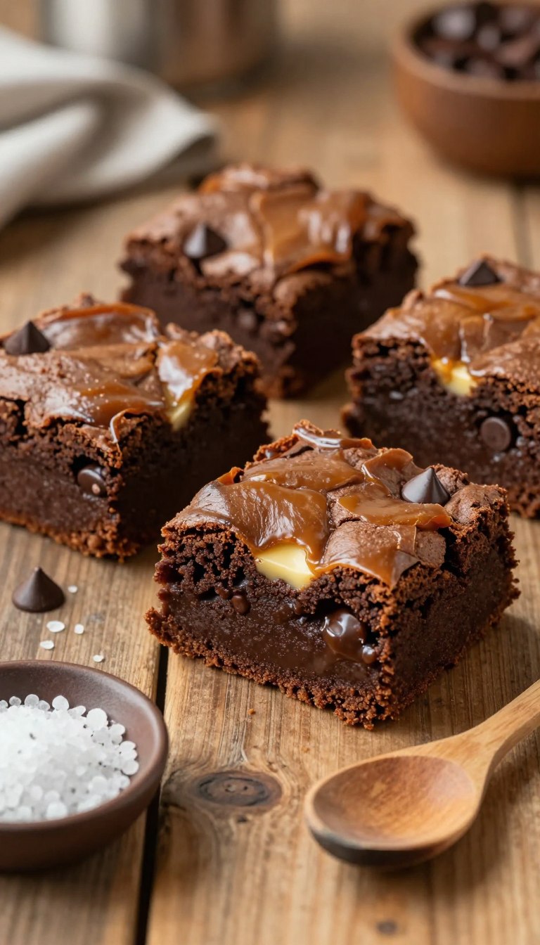 A rich and decadent close-up of brown butter brownies displayed on a rustic wooden table. The brownies are perfectly baked with a shiny, caramelized top and a fudgy interior, showcasing their gooey texture. A few brownies are cut into squares, revealing their moist, soft crumb, with melted chocolate chips peeking through. In the foreground, a small dish of flaky sea salt is placed beside the brownies, and a rustic wooden spoon lies nearby, hinting at the homemade aspect. Soft, warm lighting illuminates the scene, creating an inviting atmosphere, while a blurred kitchen background with subtle baking tools conveys a sense of warmth and comfort. The overall mood is cozy and indulgent, perfect for showcasing this unique dessert.