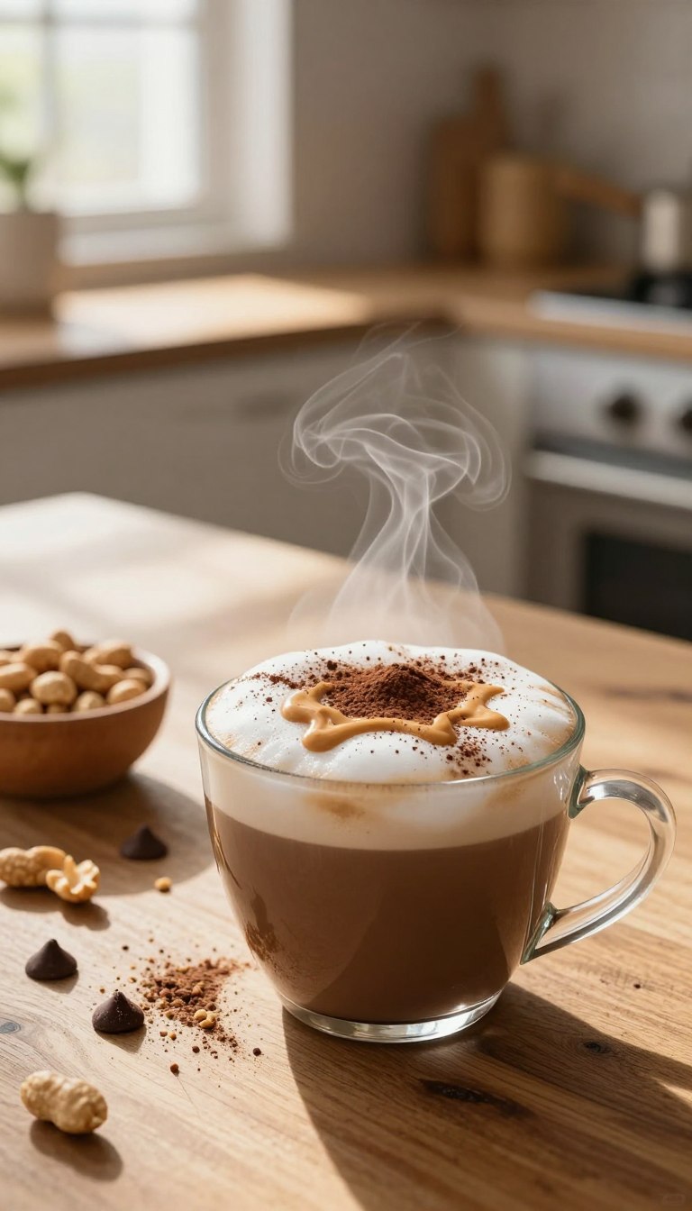 A rich and inviting cup of chocolate peanut butter protein hot coffee sits elegantly in the foreground, steam gently rising from the surface, creating a warm aura. The coffee is topped with a frothy layer, lightly dusted with cocoa powder, and a swirl of creamy peanut butter drizzled artistically on top. In the middle ground, there is a decorative wooden table featuring a small bowl of crushed peanuts and a few chocolate chips, enhancing the flavor theme. Soft afternoon sunlight streams through a nearby window, casting a gentle glow and subtle shadows, adding depth to the scene. The background is a softly blurred kitchen setting, with warm tones that evoke a cozy, energizing atmosphere. The overall mood is inviting and energizing, perfect for a delightful break. The image is devoid of any text or branding elements.