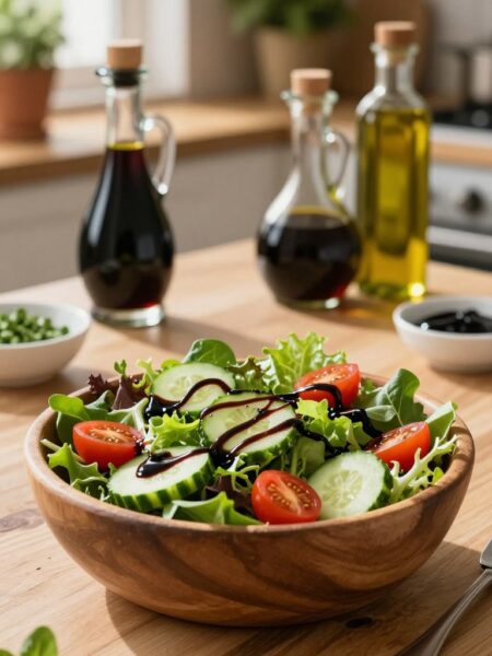 A rich, dark balsamic vinaigrette drizzled artfully over a fresh salad featuring mixed greens, cherry tomatoes, and sliced cucumbers. In the foreground, a wooden salad bowl is nestled on a rustic kitchen countertop, accentuating natural textures. The vinaigrette glistens with a glossy sheen, reflecting soft, warm lighting from an overhead window, casting gentle shadows around the bowl. In the middle ground, a glass cruet of balsamic vinegar and an olive oil bottle sit elegantly, along with a small dish of herbs, enhancing the gourmet feel. The background showcases a subtle blur of a cozy kitchen setting with potted plants. The overall mood is inviting and fresh, perfect for conveying the essence of homemade culinary delights.
