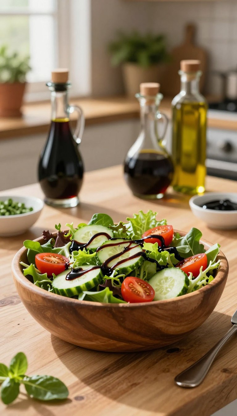 A rich, dark balsamic vinaigrette drizzled artfully over a fresh salad featuring mixed greens, cherry tomatoes, and sliced cucumbers. In the foreground, a wooden salad bowl is nestled on a rustic kitchen countertop, accentuating natural textures. The vinaigrette glistens with a glossy sheen, reflecting soft, warm lighting from an overhead window, casting gentle shadows around the bowl. In the middle ground, a glass cruet of balsamic vinegar and an olive oil bottle sit elegantly, along with a small dish of herbs, enhancing the gourmet feel. The background showcases a subtle blur of a cozy kitchen setting with potted plants. The overall mood is inviting and fresh, perfect for conveying the essence of homemade culinary delights.
