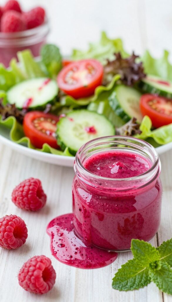 A smooth, vibrant raspberry vinaigrette drizzled elegantly over a fresh salad, showcasing glistening red and pink hues. In the foreground, the vinaigrette is artistically pooled beside a small glass jar filled with it, surrounded by fresh raspberries and mint leaves for added color and freshness. The middle of the image features a colorful salad composed of mixed greens, cherry tomatoes, and sliced cucumbers, lightly dressed in the vinaigrette. In the background, soft, natural lighting illuminates the scene, creating a warm and inviting atmosphere. The angle is slightly elevated, allowing the texture of the vinaigrette and the freshness of the ingredients to be highlighted, evoking a sense of deliciousness and appetite. A smooth, vibrant raspberry vinaigrette drizzled elegantly over a fresh salad, showcasing glistening red and pink hues. In the foreground, the vinaigrette is artistically pooled beside a small glass jar filled with it, surrounded by fresh raspberries and mint leaves for added color and freshness. The middle of the image features a colorful salad composed of mixed greens, cherry tomatoes, and sliced cucumbers, lightly dressed in the vinaigrette. In the background, soft, natural lighting illuminates the scene, creating a warm and inviting atmosphere. The angle is slightly elevated, allowing the texture of the vinaigrette and the freshness of the ingredients to be highlighted, evoking a sense of deliciousness and appetite.